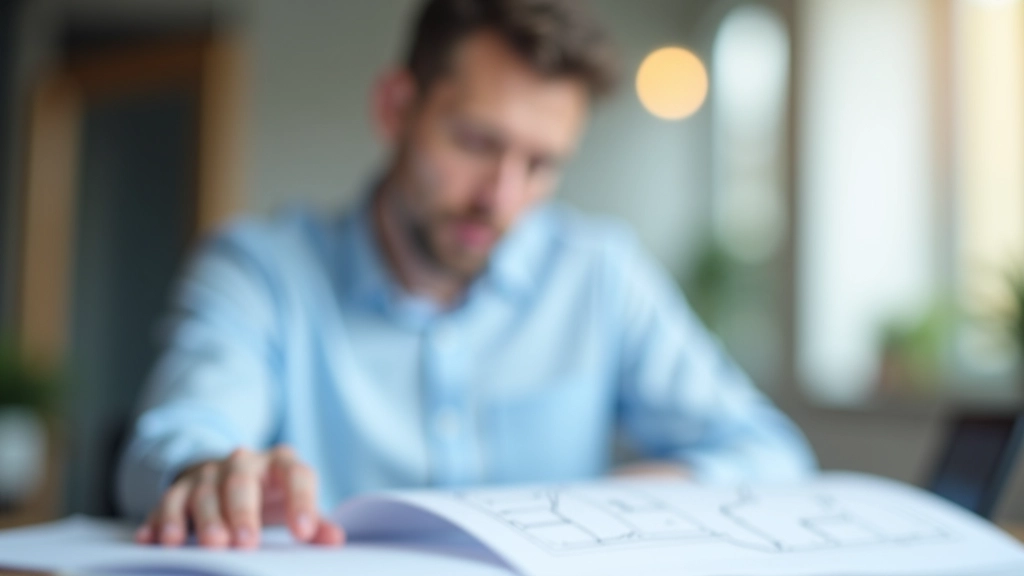 Projektant se dívá na stavební plány na stole s poznámkami