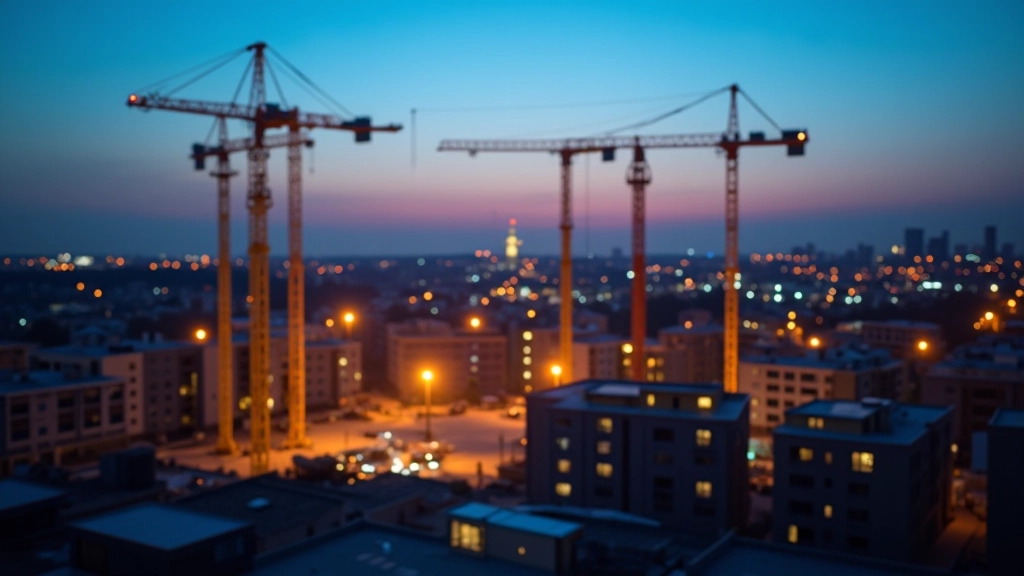 Noční pohled na staveniště s osvětlením a jeřáby připravené na další den práce