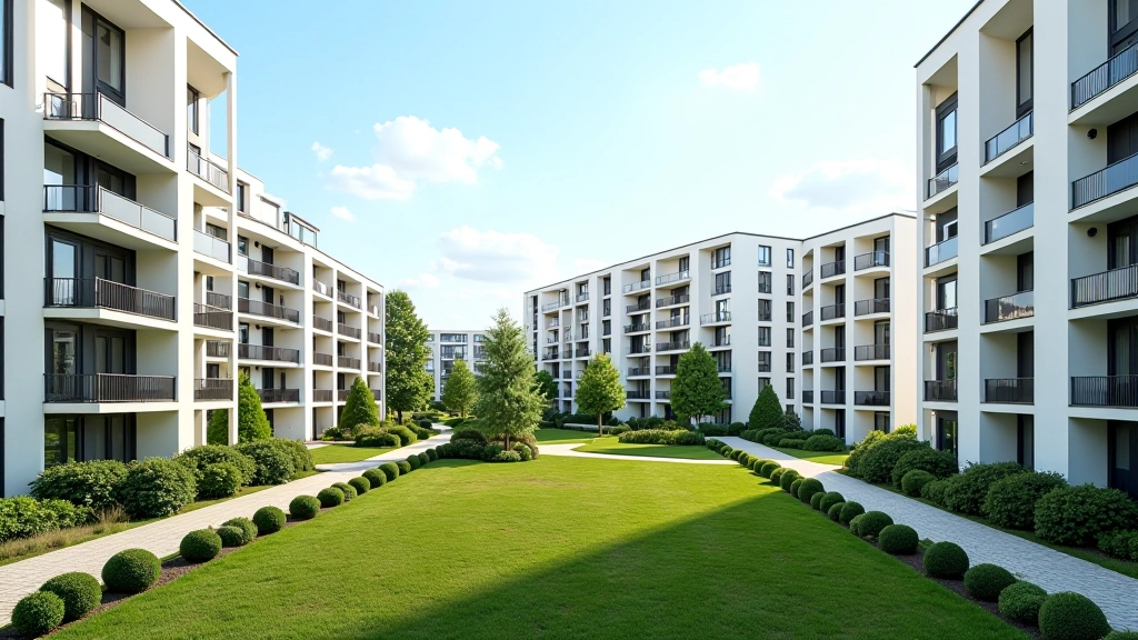 Moderní bytová čtvrť s vícepatrových domy a zelenou plochou